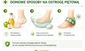 Domowe sposoby na ostrogę piętową: okład z octu jabłkowego, kąpiel z sodą, krioterapia.