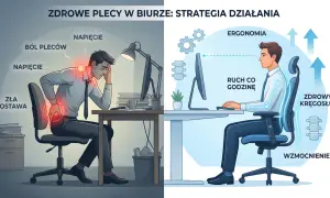 Po lewej: ból pleców, napięcie, zła postawa. Po prawej: ergonomia, ruch co godzinę, wzmocnienie, zdrowy kręgosłup. Prawidłowa postawa to klucz do zdrowia.