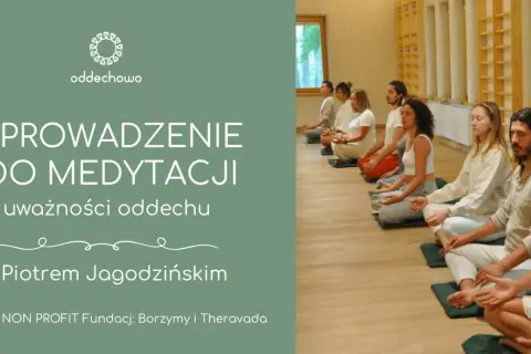 Grupa osób na podłodze, praktyka uważności dla początkujących. Medytacja z Piotrem Jagodzińskim.