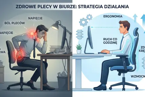 Po lewej: ból pleców, napięcie, zła postawa. Po prawej: ergonomia, ruch co godzinę, wzmocnienie, zdrowy kręgosłup. Prawidłowa postawa to klucz do zdrowia.