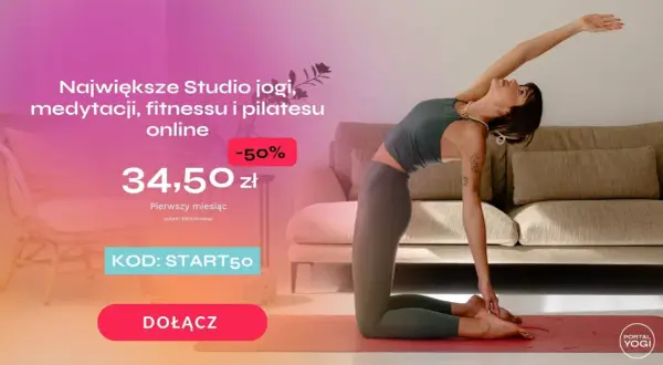 Kobieta w pozie jogi, promująca studio online. Zniżka 50% na pierwszy miesiąc. Idealne, by odblokować czakry test.