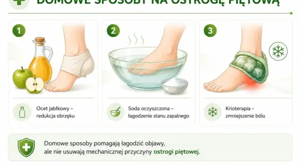 Domowe sposoby na ostrogę piętową: okład z octu jabłkowego, kąpiel z sodą, krioterapia.