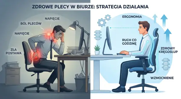 Po lewej: ból pleców, napięcie, zła postawa. Po prawej: ergonomia, ruch co godzinę, wzmocnienie, zdrowy kręgosłup. Prawidłowa postawa to klucz do zdrowia.