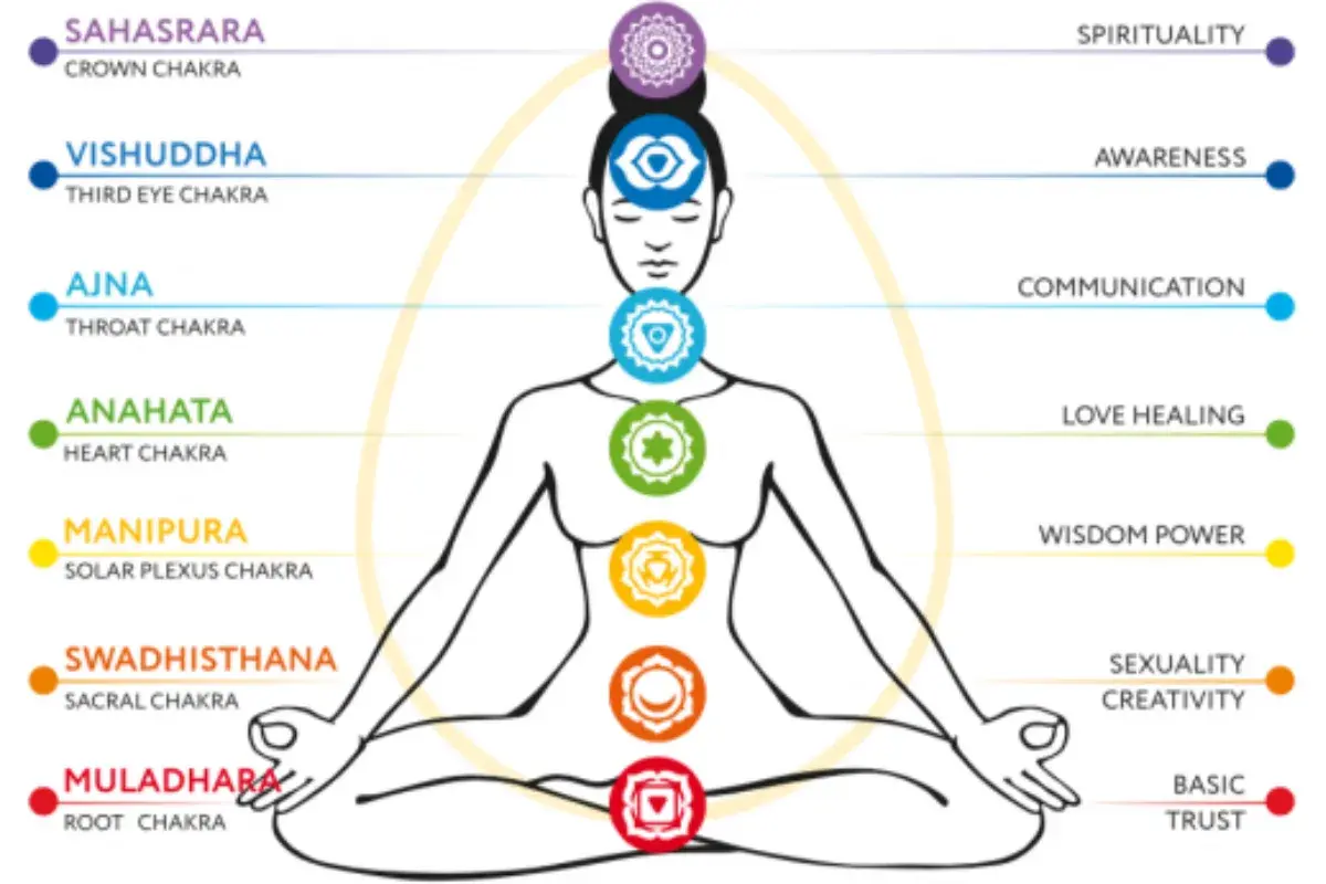 Ilustracja przedstawia siedzącą w pozie medytacyjnej postać z zaznaczonymi siedmioma czakrami. Podano ich nazwy: Muladhara, Swadhisthana, Manipura, Anahata, Ajna, Vishuddha, Sahasrara.