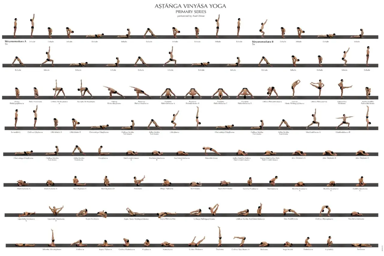 Ashtanga 1 seria: sekwencja pozycji jogi od Sūryanamaskara A do Savāsana, prezentująca płynne przejścia między asanami.