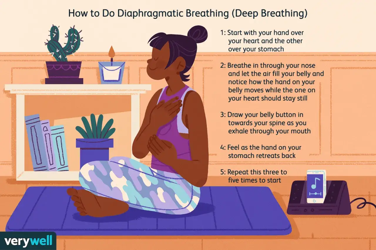 Kobieta praktykuje medytację na wyciszenie i dobry sen, wykonując głębokie oddychanie przeponowe. Instrukcja krok po kroku.