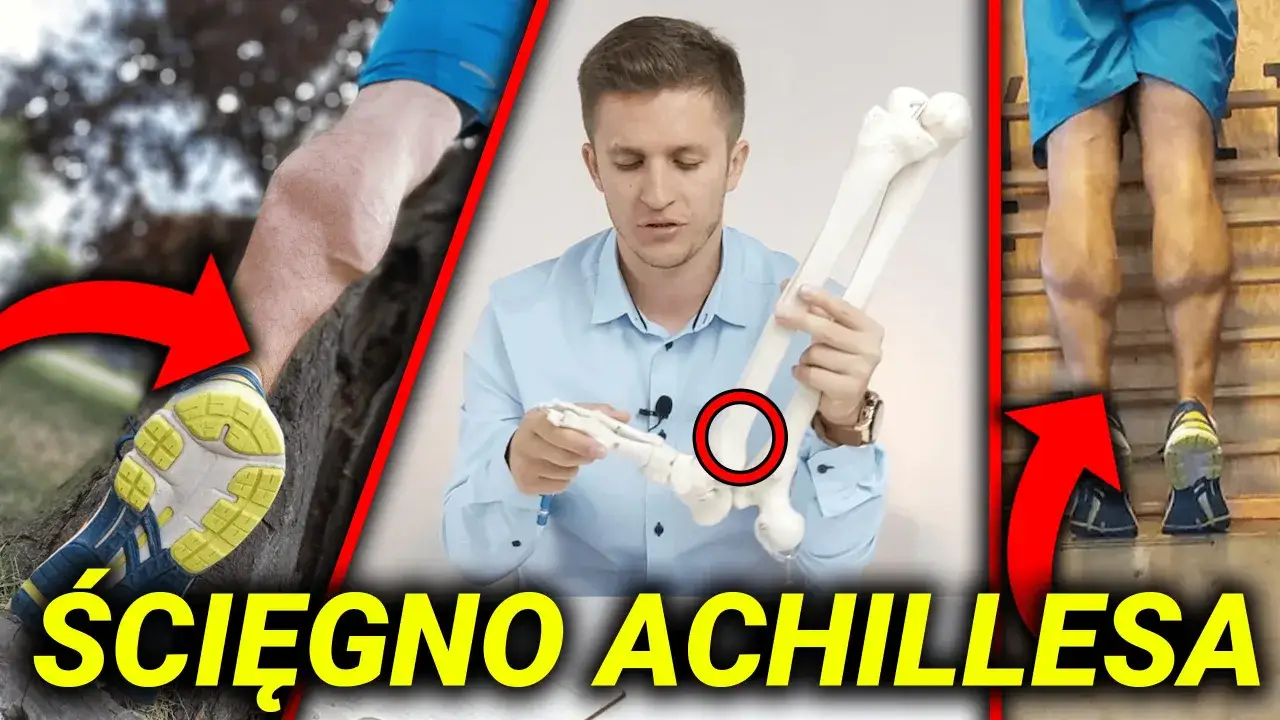 Ćwiczenia na achillesa: mężczyzna pokazuje model kości, a także zbliżenie na łydkę i stopę biegacza.