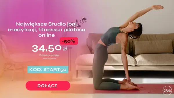 Kobieta w pozie jogi, promująca studio online. Zniżka 50% na pierwszy miesiąc. Idealne, by odblokować czakry test.