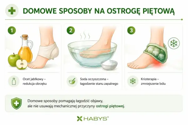 Domowe sposoby na ostrogę piętową: okład z octu jabłkowego, kąpiel z sodą, krioterapia.