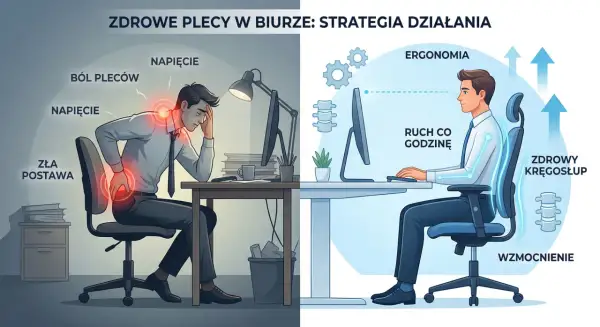 Po lewej: ból pleców, napięcie, zła postawa. Po prawej: ergonomia, ruch co godzinę, wzmocnienie, zdrowy kręgosłup. Prawidłowa postawa to klucz do zdrowia.